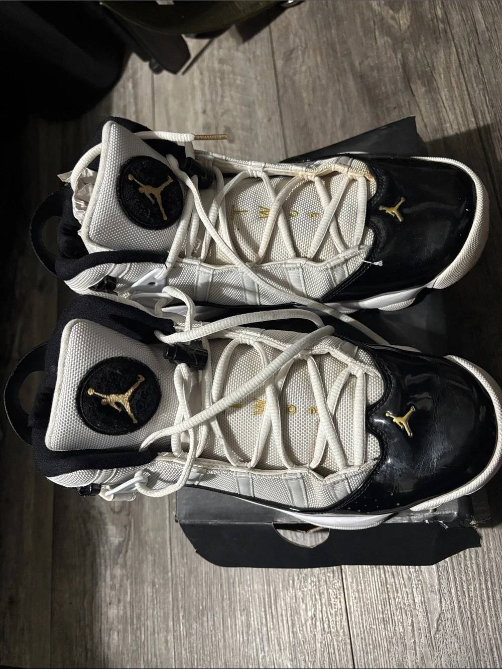 Jordan Retro Basketball Sneakers in White, Black & Gold